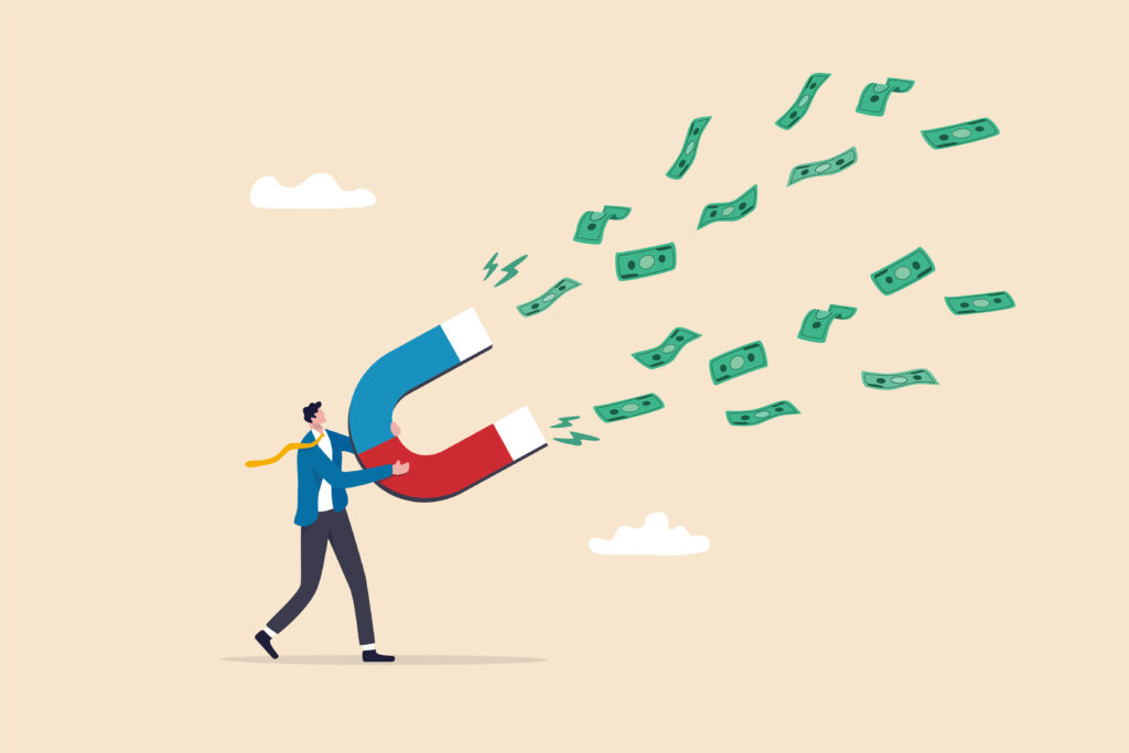 An illustration of a businessman using a large magnet to attract floating dollar bills, representing manual sales grit.