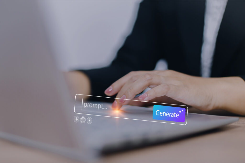 Close-up of a person’s hands using a laptop with a digital overlay of an AI prompt search bar and a "Generate" button