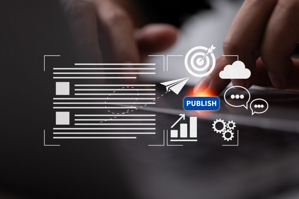 A person’s hands working on a laptop with a digital overlay of a content workflow. The icons include a blog layout, a target, a paper plane icon pointing to a "PUBLISH" button, chat bubbles, and gears, representing a systematic B2B marketing process.