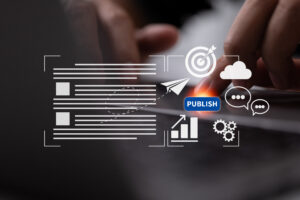 A person’s hands working on a laptop with a digital overlay of a content workflow. The icons include a blog layout, a target, a paper plane icon pointing to a "PUBLISH" button, chat bubbles, and gears, representing a systematic B2B marketing process.