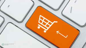 A close-up of a white computer keyboard featuring a prominent orange Enter key with a white shopping cart icon, illustrating the question: where do your clients buy?
