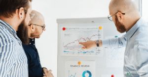 Three professionals analyzing financial metrics and line charts on a whiteboard during a discovery phase, highlighting why B2B startups must validate pain and pricing early.