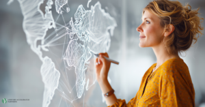 Business professional drawing a connected global network map on a clear glass board, representing international market expansion.